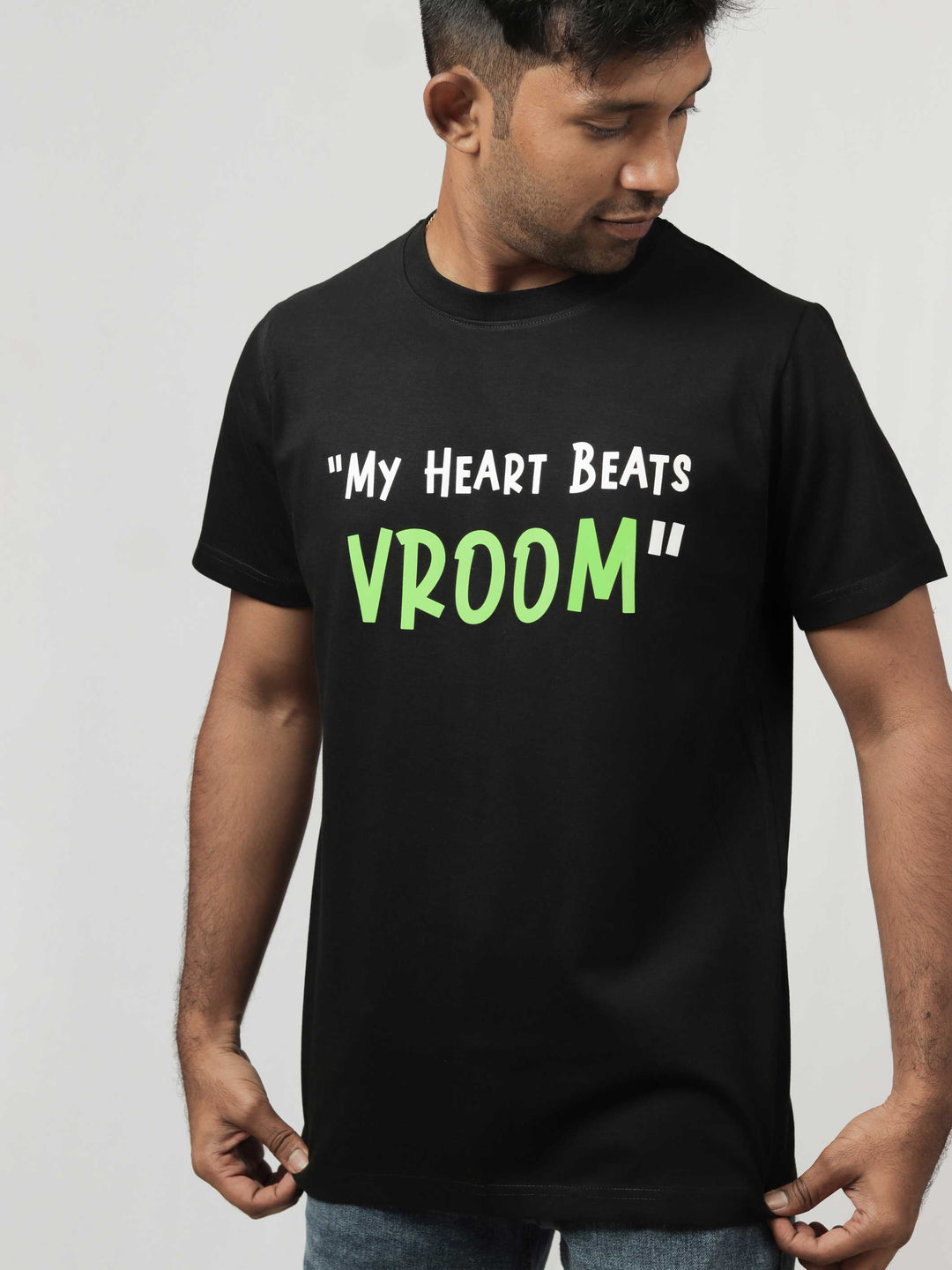 my-heart-beats-vroom-printed-t-shirt-sold-through-online-by-the-leopard-for-bike-or-motorcycle-and-car-enthusiasts-who-love-to-ride-in-india#color_black