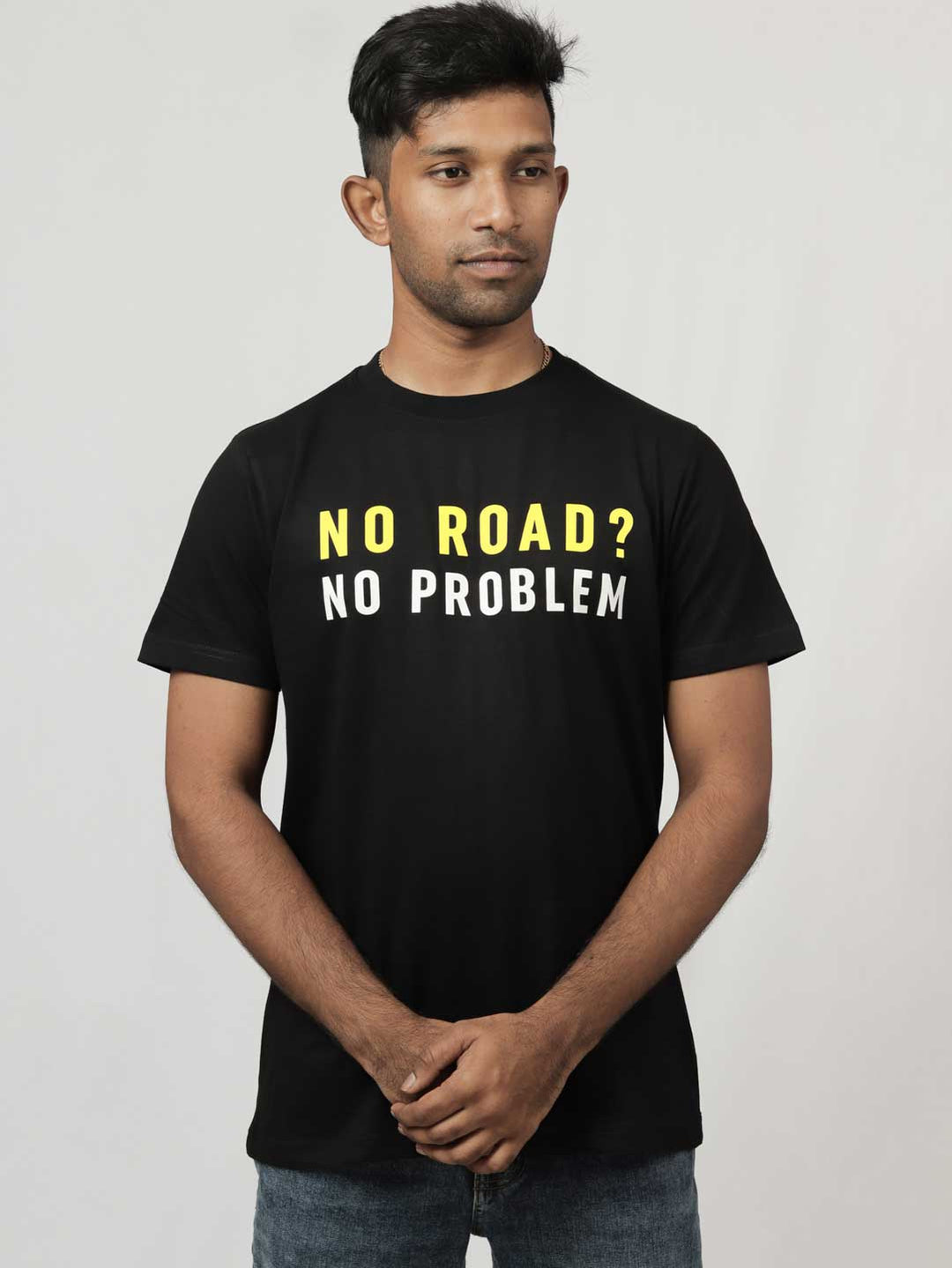 no-road-no-problem-printed-t-shirt-sold-through-online-by-the-leopard-for-bike-or-motorcycle-and-car-enthusiasts-who-love-to-ride-in-india#color_black